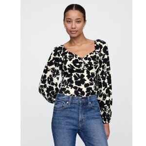 NWT Gap Satin Puff Sleeve Sweetheart Top Black Cream Floral Women's XL